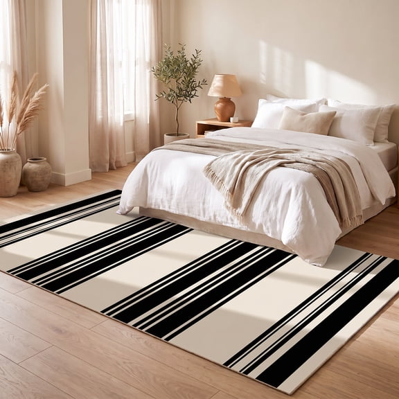 ICEANT 3'x8' Non-Slip Machine Washable Runner Rug with Minimalist Geometric Stripe, Durable, Beige/Black