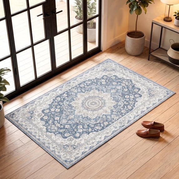 ICEANT 3'x8' Non-Slip Doormat with Gripper, Boho Vintage Style Area Rug Machine Washable Aesthetic Throw Carpet for Bedroom Living Room, Blue