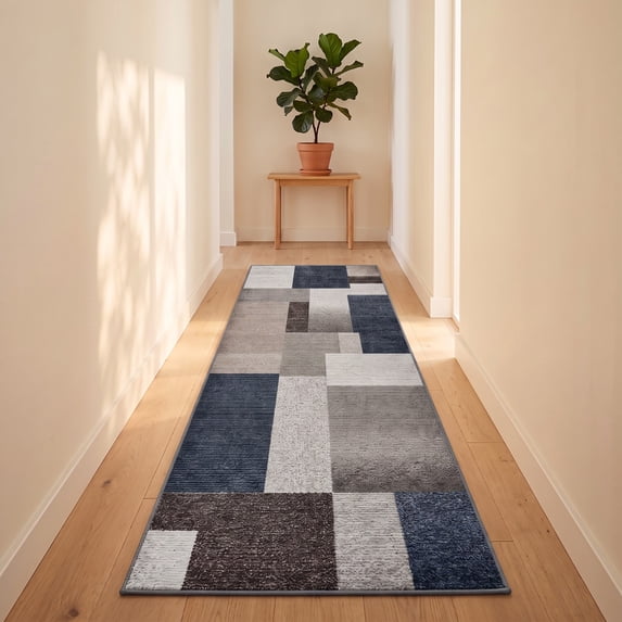 ICEANT 3'x8' Non-Slip Machine Washable Runner Rug with Geometric Patchwork Design, Slate Blue Grey/Beige/Brown/Tan