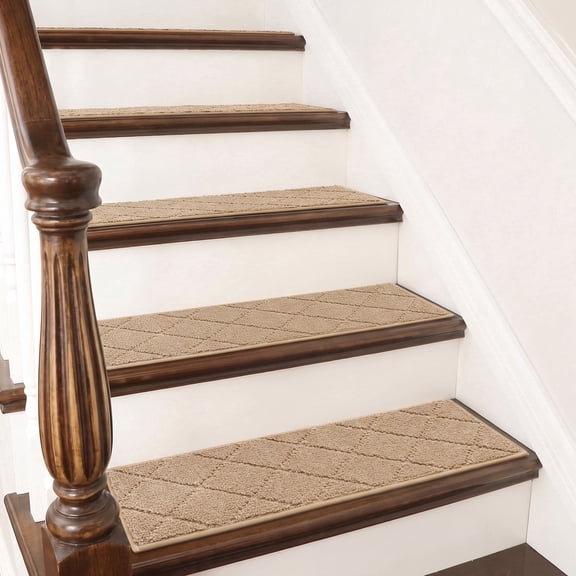 ICEANT 15PCS 30"x8" Non-Slip Stair Treads, Diamond Pattern Indoor Runners, Washable Adhesive TPR Edging, Safety Mats for Kids, Dogs & Elders,Beige