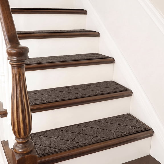 ICEANT 4PCS 30"x8" Non-Slip Stair Treads, Diamond Pattern Indoor Runners, Washable Adhesive TPR Edging, Safety Mats for Kids, Dogs & Elders,Dark Brown