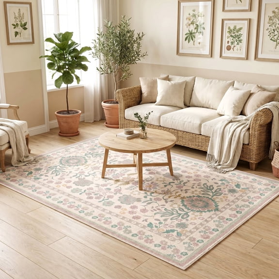 ICEANT 5'x7' Area Rug, Rustic Style Rugs for Entryway Living Room Bedroom, Farmhouse Non-Slip Country Carpet Indoor Machine Washable, Pink