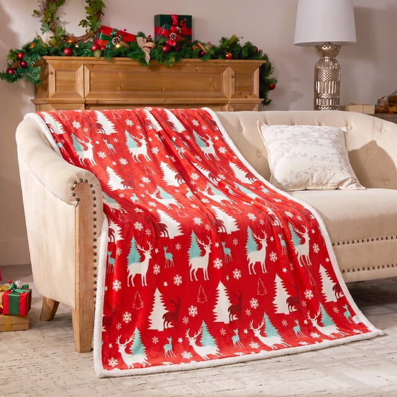 ICEANT 50x60 inch Christmas Fleece Throw Blanket for Home Decor: Red and White Double Deer Pattern Design on Luxurious Plush Fabric, Perfect for Snuggling on Sofa, Chair or Bed