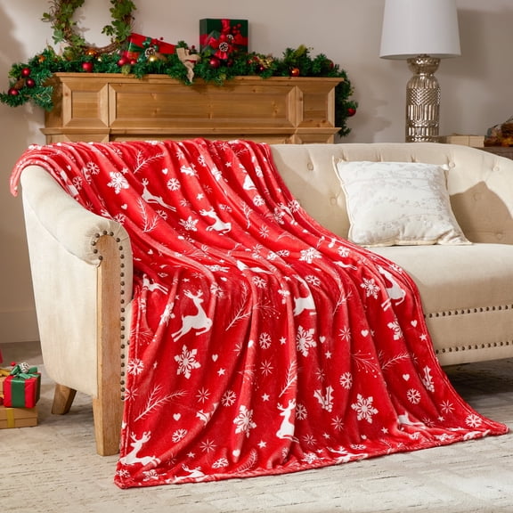 ICEANT 50x60 inch Christmas Fleece Throw Blanket for Home Decor: Red and White Elk Pattern Design on Luxurious Plush Fabric, Perfect for Snuggling on Sofa, Chair or Bed