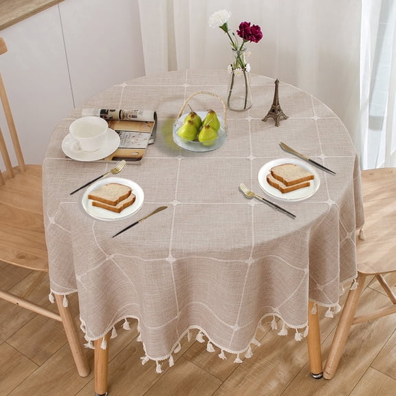ICEANT 87 inch Linen Textured Tablecloth with Tassel, Round Grid Pattern Waterproof Wrinkle Free Table Cover, Spill-Proof Table Cloth For Dining Room & Living Room, Coffee