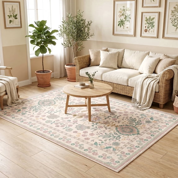 ICEANT 9'x12' Area Rug, Rustic Style Rugs for Entryway Living Room Bedroom, Farmhouse Non-Slip Country Carpet Indoor Machine Washable, Pink