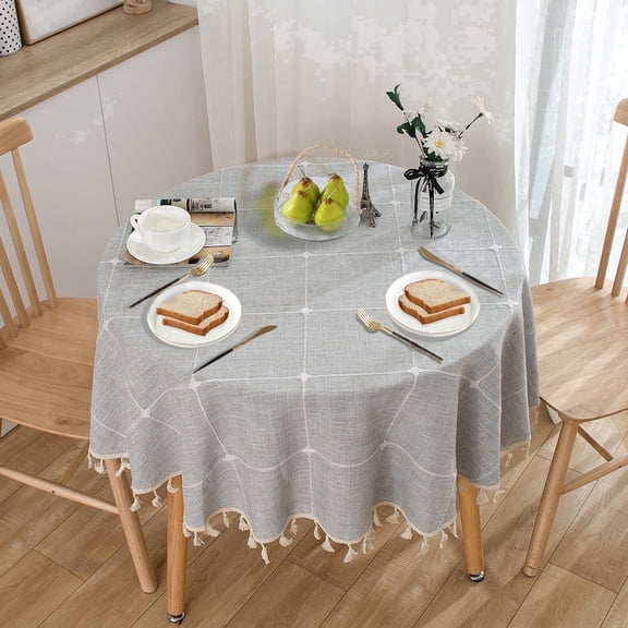ICEANT 94 inch Linen Textured Tablecloth with Tassel, Round Grid Pattern Waterproof Wrinkle Free Table Cover, Spill-Proof Table Cloth For Dining Room & Living Room, Grey