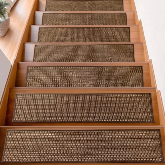 ICEANT 4PCS 30"x8" Non-Slip Stair Treads, Woven Basketweave Indoor Runners, Washable Adhesive TPR Edging, Sturdy Safety Mats for Kids & Pets,Brown