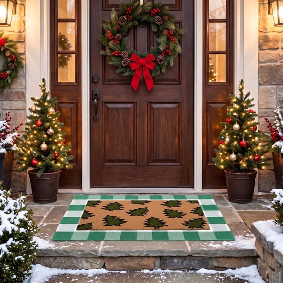 ICEANT Christmas 2-Piece Door Mat Set, 17.5"x30" Coir Welcome Mat with Green Tree Pattern and 28"x43" Green White Striped Rug, Layered Combo for Front Porch Holiday Outdoor Decor