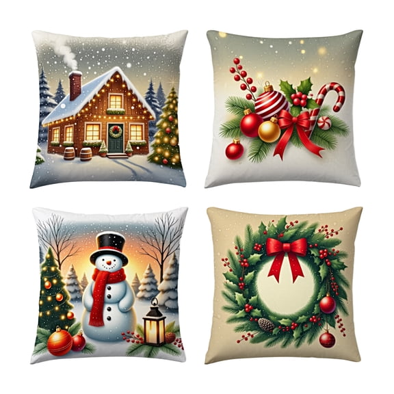 ICEANT Christmas Throw Pillow Covers 18x18 inch, Set of 4, Winter Farmhouse with Snowflake Xmas Snowman Wreath Design, Holiday-Style Pillow Cases for Home Decor