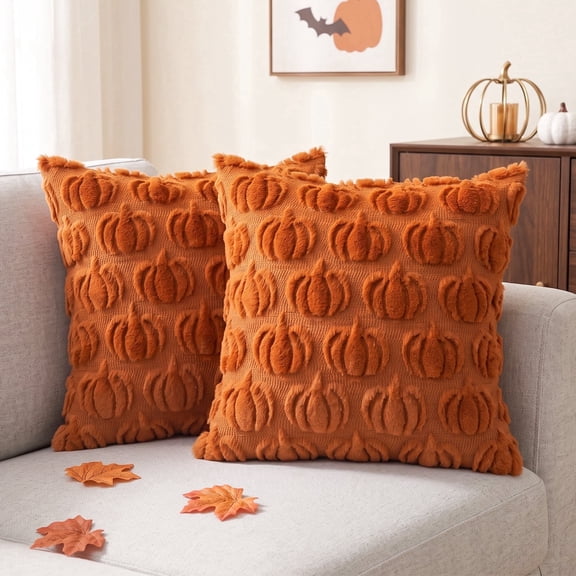ICEANT 18x18 inch 3D Pumpkin Throw Pillow Covers, Set of 2, Fall/Halloween/Thanksgiving Decor, Cozy Textured Cushions for Couch、Bed and Living Room(Rust Pumpkin)