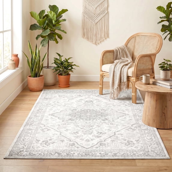 ICEANT Persian Rectangle Rug 6'x9' Area Rug, Boho Vintage Non-Slip Carpet for Living Room, Washable Soft Mat for Bedroom, Anti-Slip Floor Pad, White