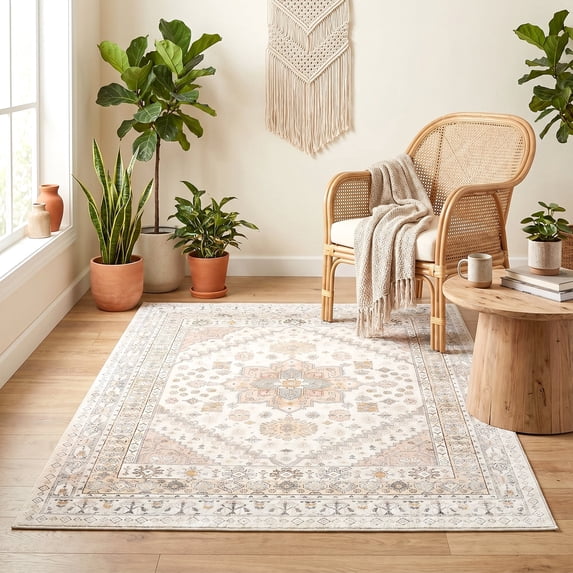 ICEANT Persian Rectangle Rug 9'x12' Area Rug, Boho Vintage Non-Slip Carpet for Living Room, Washable Soft Mat for Bedroom, Anti-Slip Floor Pad, Beige