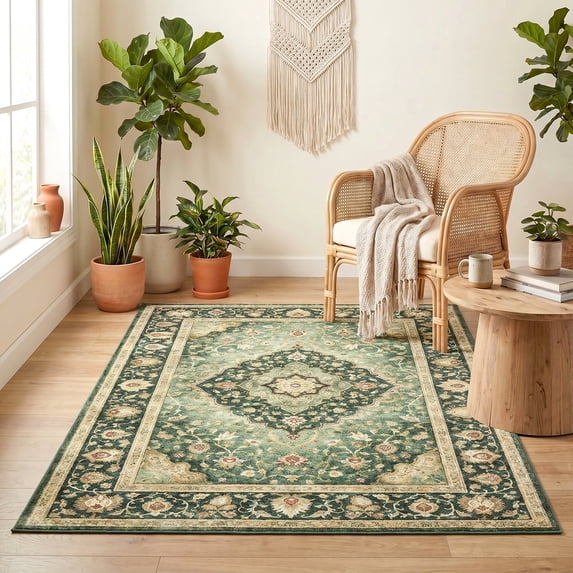 ICEANT Persian Rectangle Rug 9'x12' Area Rug, Boho Vintage Non-Slip Carpet for Living Room, Washable Soft Mat for Bedroom, Anti-Slip Floor Pad, Green