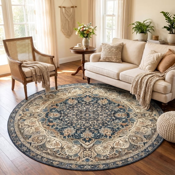 ICEANT Persian Style Round Area Rug, 4'x4' Round Vintage Anti-Slip Carpet for Living Room Bedroom, Boho Non-Shedding Mat for Balcony Floor, Dark Blue