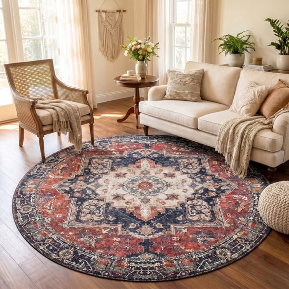ICEANT Persian Style Round Area Rug, 6'x6' Round Vintage Anti-Slip Carpet for Living Room Bedroom, Boho Non-Shedding Mat for Balcony Floor, Red