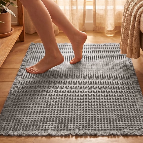 ICEANT Waffle Bathroom Rugs, Checkered Design Super Soft Absorbent Bath Mat with Tassels, Non-Slip Rubber Backed Machine Washable Rugs for Bathroom Floor, 17" x 24", Grey