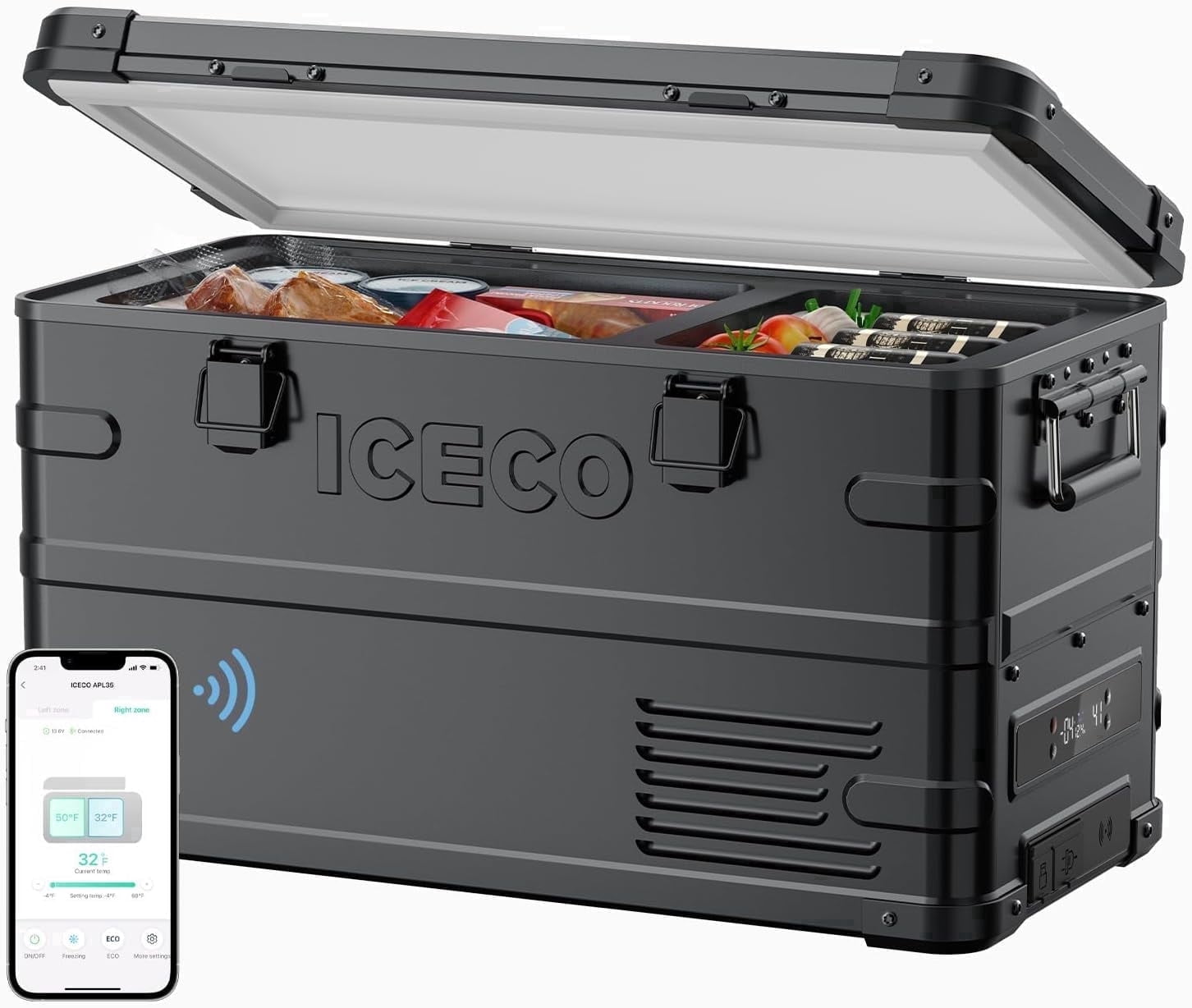 ICECO APL35 Dual Zone Portable Fridge Freezer, 37 Quart 12V Car Refrigerator with Secop Nano Compressor, Aluminum Cooler