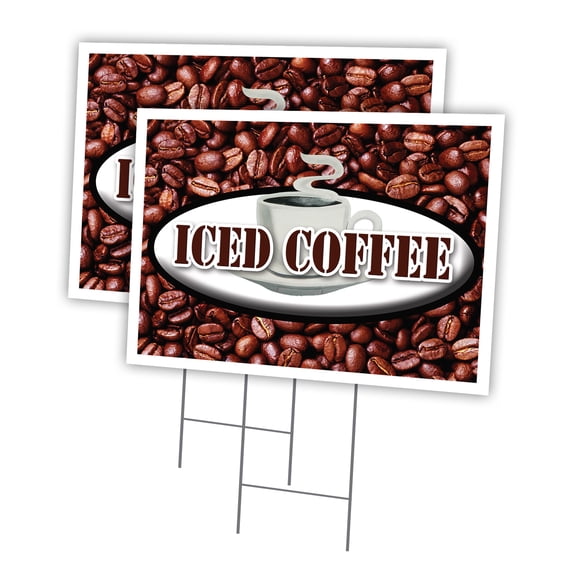 ICED COFFEE 2 Pack Of 12" x 16" Yard Sign & Stake | Advertise Your Business | Stake Included Image On Both Sides | Made in The USA