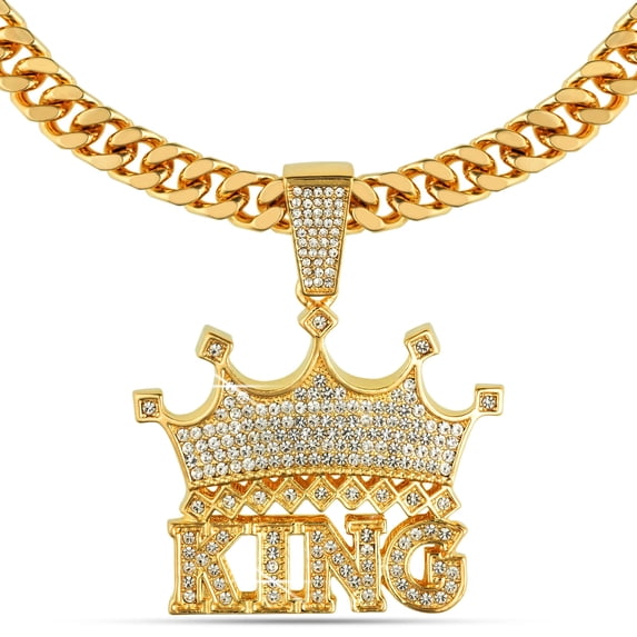 ICEDTAG Large Expressive Necklace Gold Silver Plated 5A+ Cubic Zirconia Iced Bling Out Luxury Diamond 24 Inch Cuban Link Necklace Chain for Men Women (Gold - Crowned King & 24 Inch Chain SET) C87