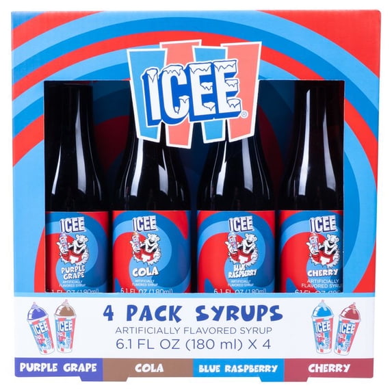 ICEE 4-Pack Slushie Shaved Ice Syrups, 6.1 fl oz Bottles, Grape, Cola, Blue Raspberry, Cherry Flavors