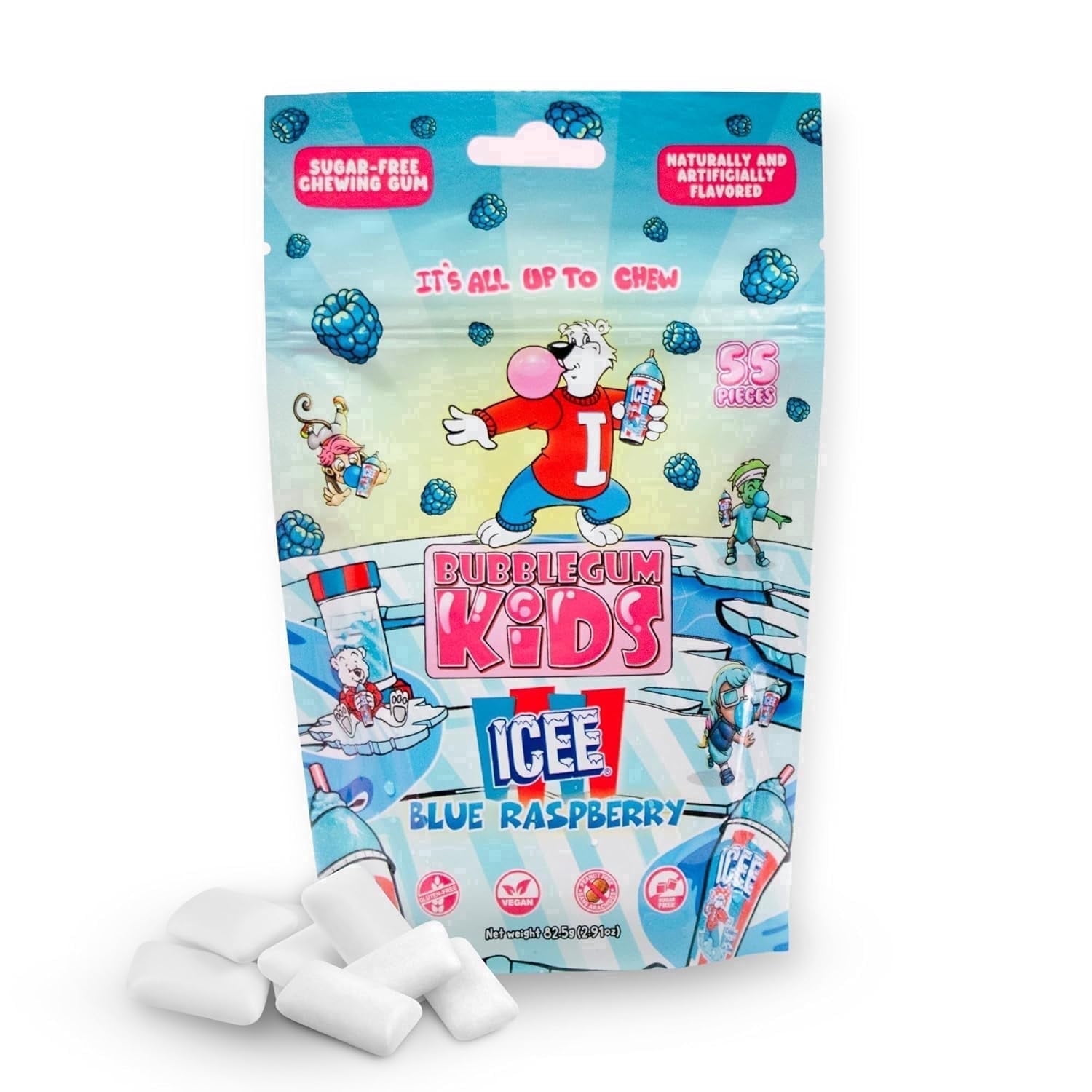 Bubblegum Kids ICEE Sugar Free Gum with Xylitol, Low Calorie Chewing Gum, Blue Raspberry Flavor, 10-Pack (55 Count/Pack)