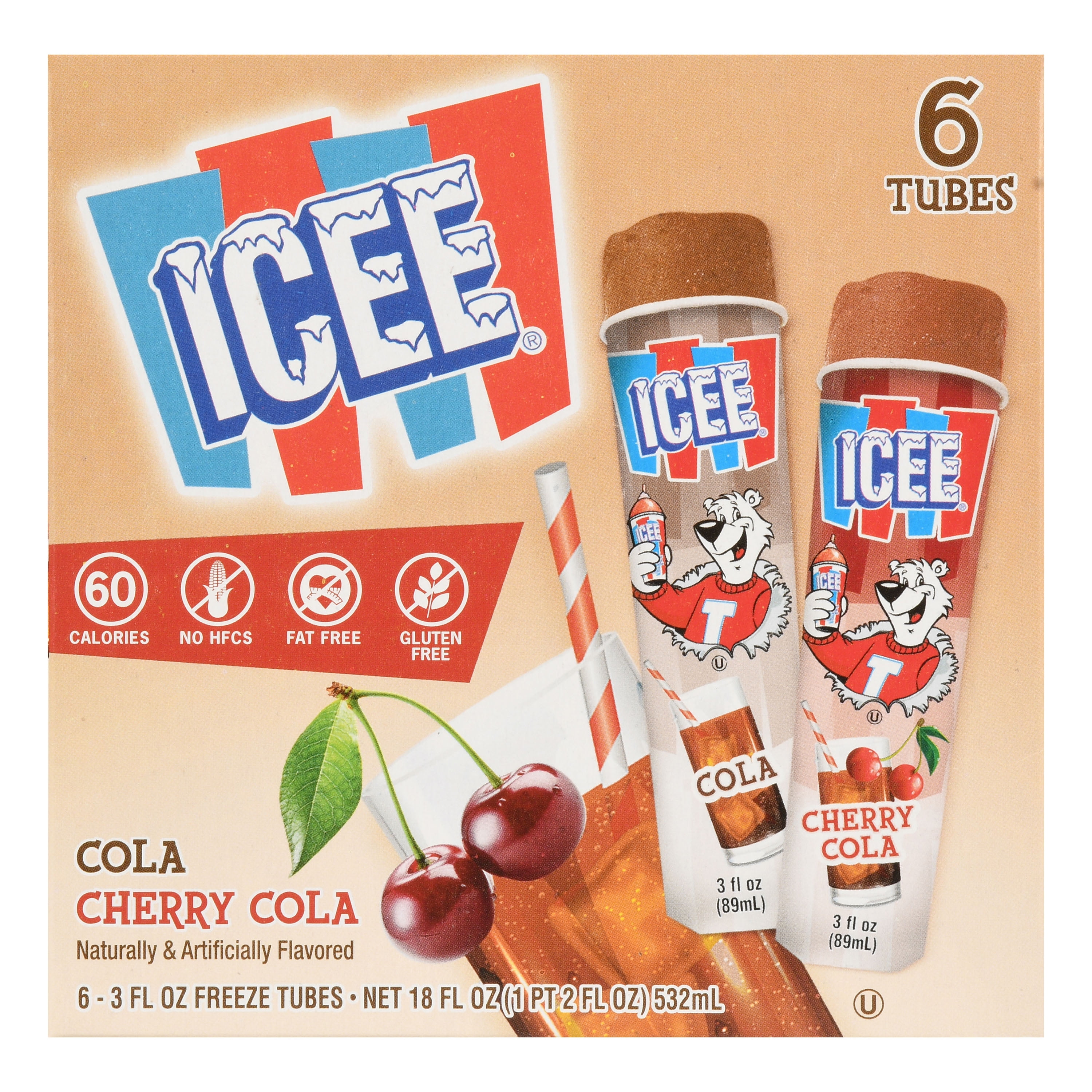 ICEE Cola & Cherry Cola Tubes, 18 oz, 6 Count (Frozen)
