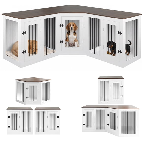 ICEELF 113'' Corner Dog Crate Furniture, 3-in-1 Wooden Kennel with Divider, Heavy Duty Indoor Pet House for Small to Large, White