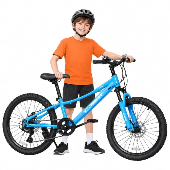 ICEELF 20 inch Kids&Teen Mountain Bike, 7-Speed Bicycle for Boys & Girls, Carbon Steel Frame, Suspension Fork, Dual Disc Brakes, Blue