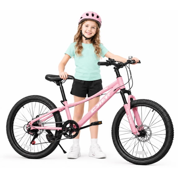 ICEELF 20 inch Kids&Teen Mountain Bike, 7-Speed Bicycle for Boys & Girls, Carbon Steel Frame, Suspension Fork, Dual Disc Brakes, Pink