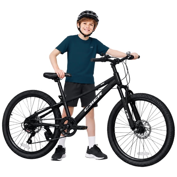 ICEELF 24 Inch Kids&Teen Mountain Bike, 7-Speed Bicycle for Boys & Girls, Carbon Steel Frame, Suspension Fork, Dual Disc Brakes, Black