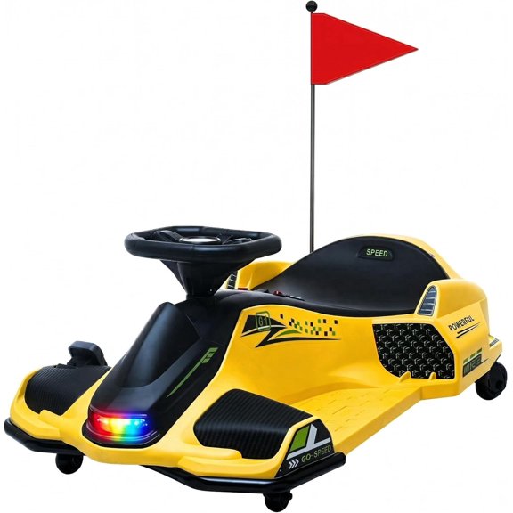 ICEELF 24V Electric Drift Go Kart for Kids, 360째 Rotating Ride-On Car with 180W Brushless Motor, High/Low Speed, Lights, Music, Bluetooth, USB, Replacement Wheels, Yellow