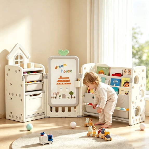 ICEELF 3-in-1 Kids Toy Storage Organizer with 10 Removable Bins, 3-Tier Bookshelf, Drawing Board, Foldable Storage for Playroom, Bedroom, Off-White