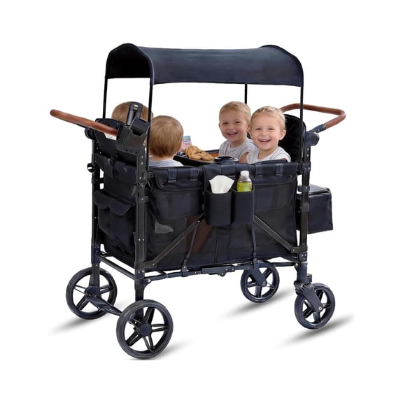 ICEELF 4 Seater Wagon Stroller for Kids, Foldable Stroller Wagon with Snack Tray, Large Storage Bags, Phone Cup Holder, Removable Canopy and Adjustable Push Handle, Deep Black
