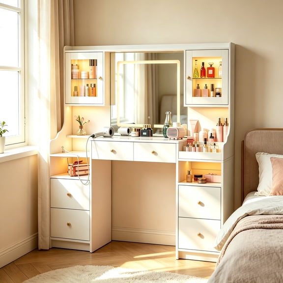 ICEELF 62" Large White Vanity Desk with Glass Top, Makeup Vanity with Mirror & LED Lights, One-Key 3 Modes, 4 Drawers 2 Cabinets & Power Outlet