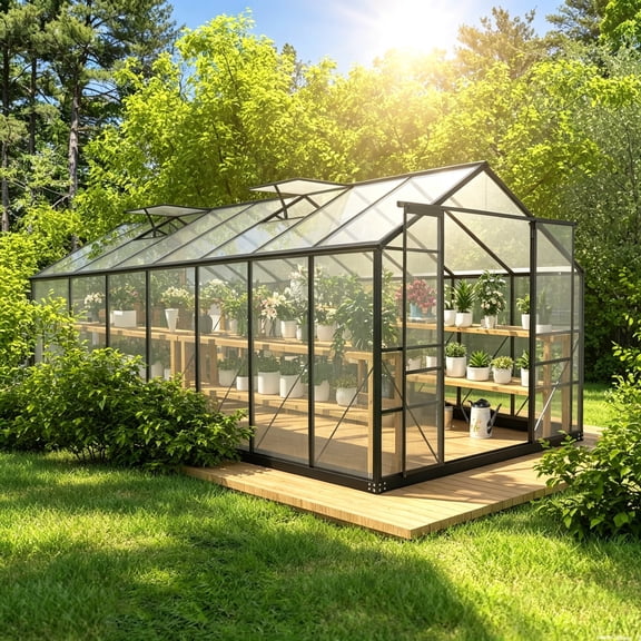 ICEELF 8x16 FT Polycarbonate Greenhouse, Walk-in Aluminum Frame with 4 Adjustable Roof Vents, Sliding Doors, Windproof for Outdoor Garden
