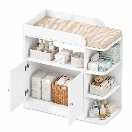 ICEELF Baby Changing Table Dresser, Nursery Diaper Changing Station with Large Cabinet, 4 Open Shelves, Crystal Knobs, Changing Table Top (No Pad)
