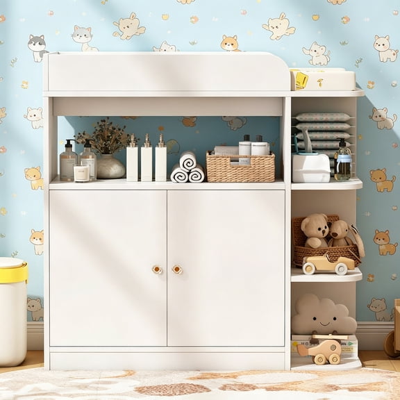 ICEEIF Baby Changing Table Dresser, Nursery Diaper Changing Station with Large Cabinet, 4 Open Shelves, Crystal Knobs, Changing Table Top (No Pad)