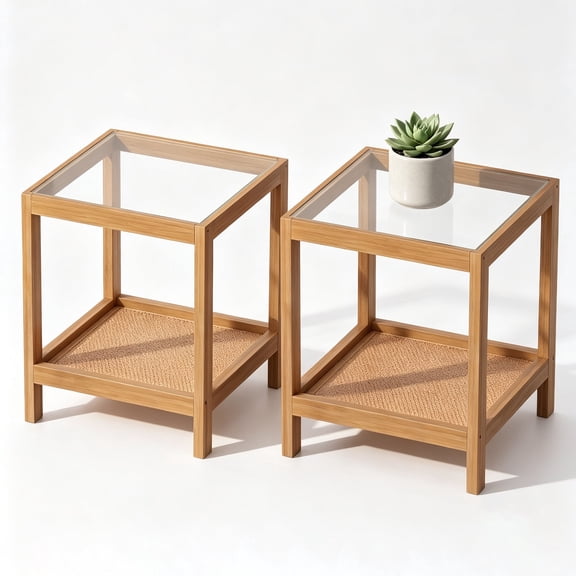 ICEELF Boho End Table Set of 2, Tempered Glass Top, Open Rattan Shelf, Solid Wood Frame Nightstand for Living Room, Bedroom, Small Space