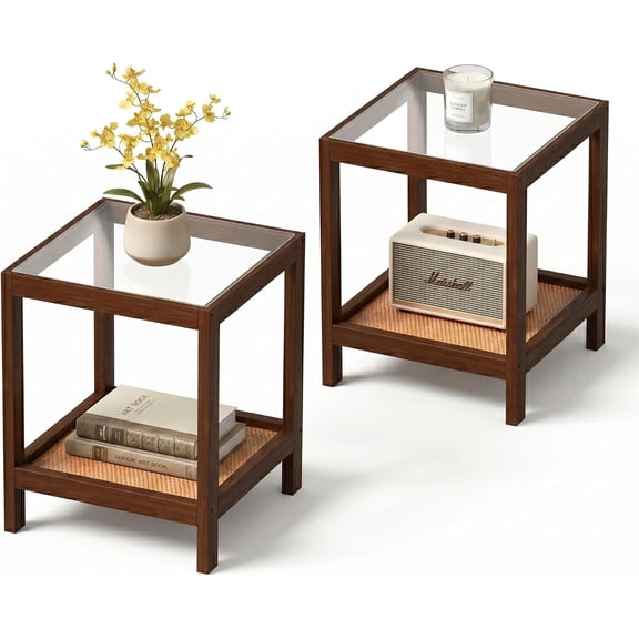 ICEELF Boho End Table Set of 2, Tempered Glass Top, Open Rattan Shelf, Solid Wood Frame Nightstand for Living Room, Bedroom, Small Space