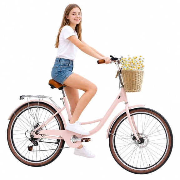 ICEELF Kids Cruiser Bike, 26 Inch 7-Speed Bicycle with Rattan Basket, Adjustable Seat, Step-Through Frame, Dual Disc Brakes, Commuter Bike for Girls, Teens and Women, Multiple Colors