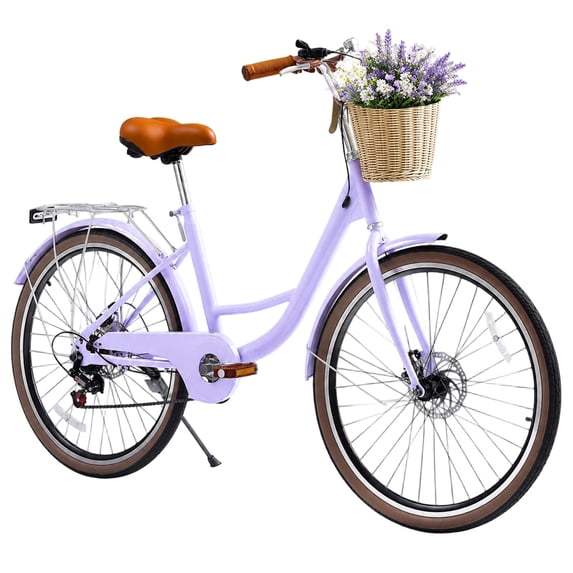 ICEELF Beach Cruiser Bike for Women, 26 Inch 7‑Speed Adult Commuter Bicycle with Rattan Basket, Adjustable Seat & Step‑Through Frame