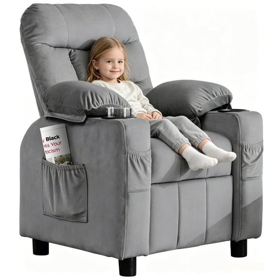 ICEELF Kids Recliner Chair with Cup Holder, Adjustable Velvet Lounge Chair with Footrest, Side Pockets for Boys Girls Bedroom, Gray
