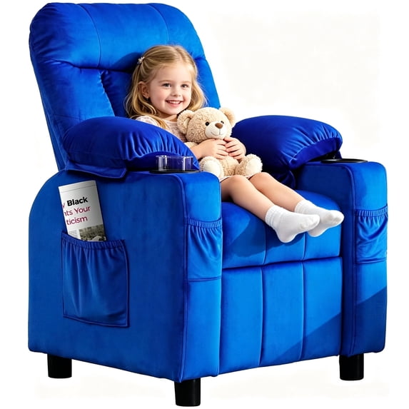 ICEELF Kids Recliner Chair with Cup Holder, Adjustable Velvet Lounge Chair with Footrest, Side Pockets for Boys Girls Bedroom, Navy