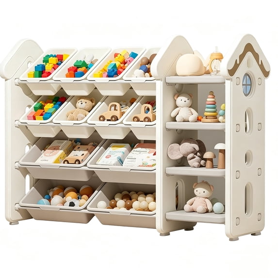 ICEELF Kids Toy Storage Organizer with 12 Removable Bins, 4-Tier Bookshelf, Toy Storage Cabinet for Playroom, Bedroom, Nursery, Beige