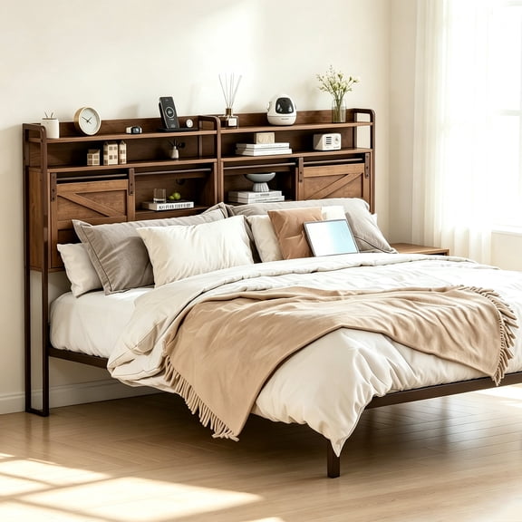 ICEELF King Size Headboard with Storage, 3-Tier Headboard with Outlets, USB Ports, LED Light Strip, Sliding Barn Doors, Adjustable Shelf, Brown