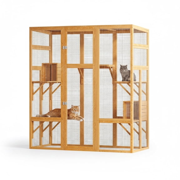 ICEELF Outdoor Cat Enclosure, Fir Wood Catio with 7 Platforms, 2 Resting Rooms, Waterproof UV Protection Roof, 61.8'' x 32.3'' x 70''