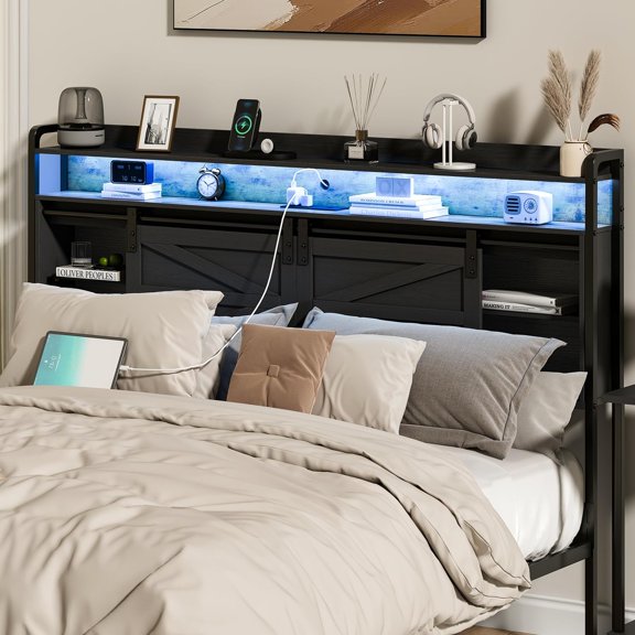 ICEEIF Queen Size Headboard with Storage, 3-Tier Headboard with Outlets, USB Ports, LED Light Strip, Sliding Barn Doors, Adjustable Shelf, Black