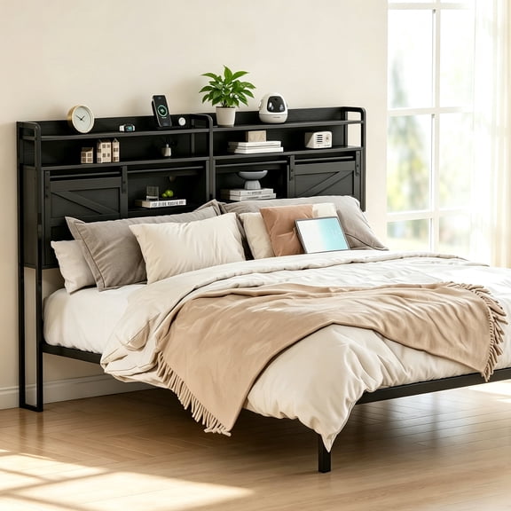 ICEELF Queen Size Headboard with Storage, 3-Tier Headboard with Outlets, USB Ports, LED Light Strip, Sliding Barn Doors, Adjustable Shelf, Black