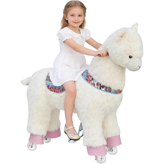 ICEELF Ride-On Alpaca Toy for Kids 4-9 Years, Mechanical Walking Plush Riding Animal, No Battery Powered Ride-On Toy with Steering Handle, Max Load 165 lbs, White